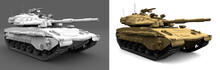Military 3D Illustration Of Light Grey And Desert Tactical Camouflage Tanks With Not Real Design, High Resolution Isolated Tank Troops Concept