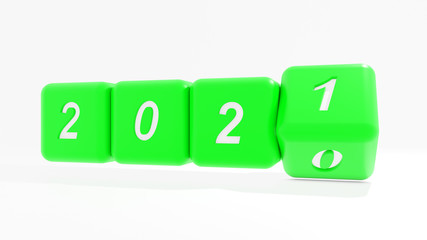 Poster - 2021 New year change, turn. 2021 start 2010 end, dice isolated against white background. 3d illustration