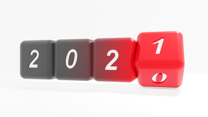 Poster - 2021 New year change, turn. 2021 start 2010 end, dice isolated against white background. 3d illustration