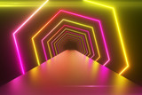 Fototapeta Perspektywa 3d - Abstract geometric background with rotating squares, fluorescent ultraviolet light, glowing neon lines, spinning tunnel, modern colorful yellow pink purple spectrum, 3d illustration