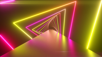 Wall Mural - Flying through glowing rotating neon triangles creating a tunnel, blue red pink violet spectrum, fluorescent ultraviolet light, modern colorful lighting, 3d illustration