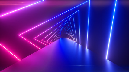 Wall Mural - Glowing rotating neon triangles creating a tunnel, blue purple pink violet spectrum, fluorescent ultraviolet light, modern colorful lighting, 3d illustration