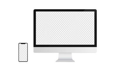 Poster - Desktop computer and smartphone with transparent screen. Monitor and screen to use as template in mockup or presentation. Realistic vector illustration.