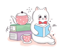 Cartoon Cute  Book Day, Cat Reading Books And Coffee Cup Vector.