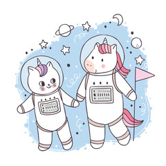 Wall Mural - Cartoon cute Unicorn and cat spaceman in galaxy vector.