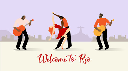 Vector Illustration Inscription Welcome to Rio. Pair Dancers, Man and Woman Perform Latin American Dance to Accompaniment Guitar. Fiery Duet Dancing National Dances Brazil, Cartoon Flat.