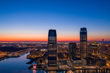 Jersey City skyline with waterfront in sunset, aerial photography 