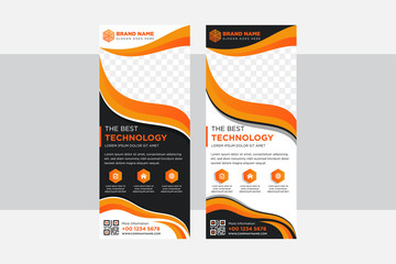 Wall Mural - Orange, white, and black Roll Up Banner vector template, display, curve wave background, advertisement, flyer design, stand layout. space for photo. 