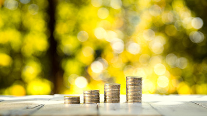 Wall Mural - Coins lined up On a white wooden floor Orange and green nature background