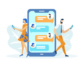 Woman and Man Characters Standing near Huge Mobile Phone and Sending Messages Flat Cartoon Vector Illustration. Social Media and Networking Concept. Chatting, Texting. Online Romantic Relationships.