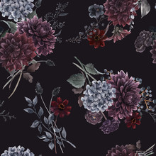 Beautiful Vector Seamless Pattern With Watercolor Dark Blue, Red And Black Dahlia Hydrangea Flowers. Stock Illustration.