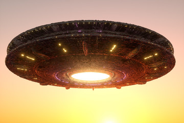 Wall Mural - ufo, an alien plate soars in the sky, hovering motionless in the air. unidentified flying object, al