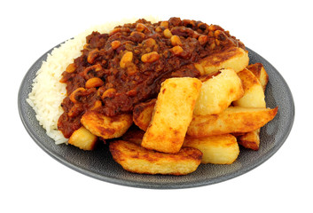 Canvas Print - Chilli con carne meal with half chips and half rice isolated on a white background