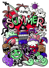 Wall Mural - Vector illustration with hand drawn doodle cute Monster and summer elements