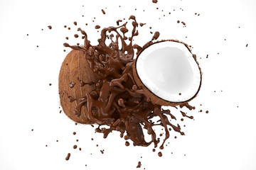 Wall Mural - explosion chocolate with coconut fruit on white background. 3d render.