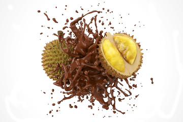 Wall Mural - explosion chocolate with durian fruit on white background. 3d render.