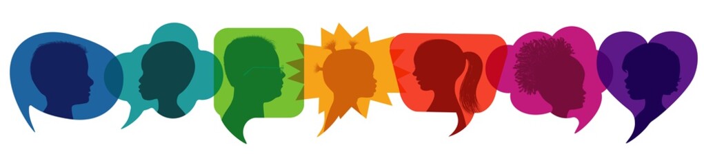 Poster - Speech bubble.Multicultural kindergarten.Silhouette group of modern children in rainbow colored profile.Communication between multi-ethnic children.Children talking.Globalization