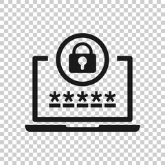 Laptop with password icon in flat style. Computer access vector illustration on white isolated background. Padlock entry business concept.