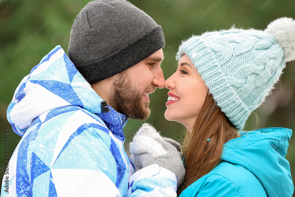 Happy young couple in park on winter day