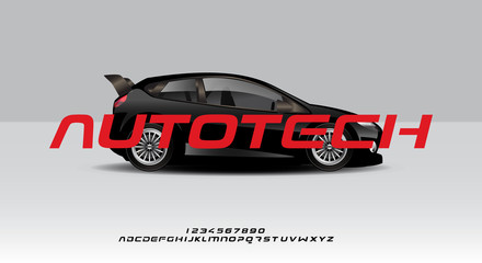 Autotech, a bold modern sporty typography alphabet font, on a car background vector illustration design