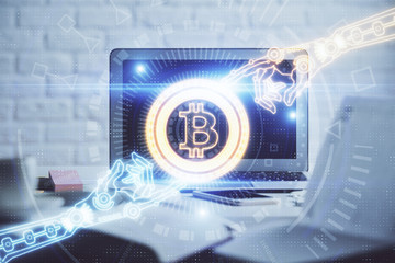 multi exposure of blockchain and crypto economy theme hologram and table with computer background. c