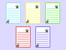 Set Of UFO And Aliens Linned Sheets. Green, Yellow, Red, Violet, Blue Blank. Collection Of Various Vector Note Cartoon Papers. For Notes, Lists, Plans, Letters And To-do Lists.