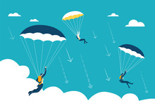Business People Landing Down With Parachutes. Stress, Loosing Opportunity, Falling Down, Stock Market Fall Concept Illustration. 