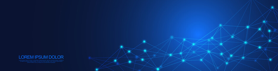 Fototapete - Website header or banner design with abstract geometric background and connecting dots and lines. Global network connection. Digital technology with plexus background and space for your text.