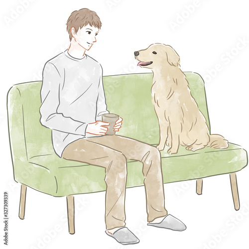 ソファに座る男性と犬 Stock イラスト Adobe Stock