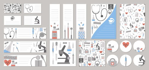Set of vector medicine business card, tags, labels, pre-made designs, bookmarks with cute cartoon medical elements. Health care flat illustration. Brochure, flyer, banner templates..