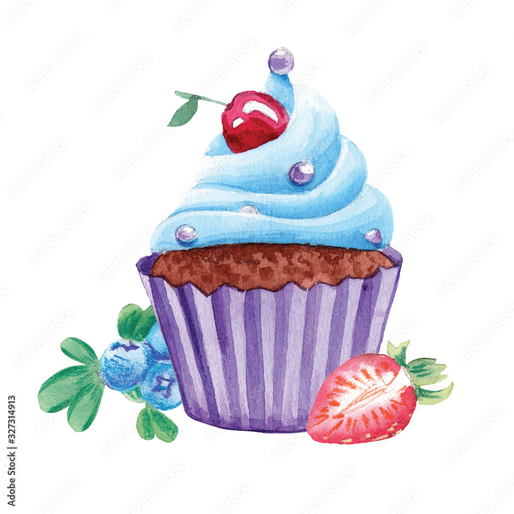 watercolor cupcake with strawberry and blueberry on white isolated ...