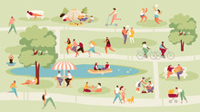 Large Crowd Of People In The Park. Recreation, Sport And Outdoor Activities Vector Illustration