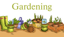 Vector Horizontal Banner With Seedlings, Plants, Pots, Watering Can And Rubber Boots. Illustration In Engraving Style For Gardening Shops, Markets, Farming Enterprises, Landing Pages, Advertisements. 