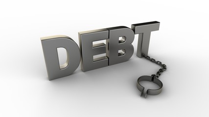 Poster - Debt text with chain and shackles isolated on a white background. 3D-rendering.