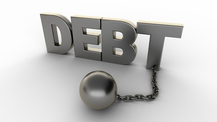 Poster - Debt text with chain and weight isolated on a white background. 3D-rendering.