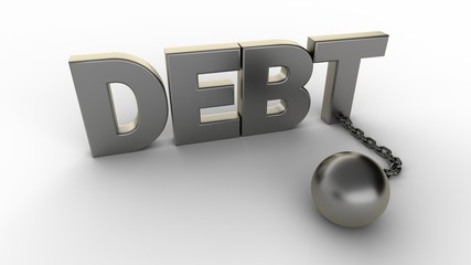 Poster - Debt text with chain and weight isolated on a white background. 3D-rendering.