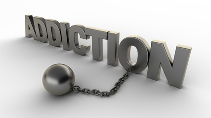 Poster - Addiction text with chain and weight isolated on a white background. 3D-rendering.