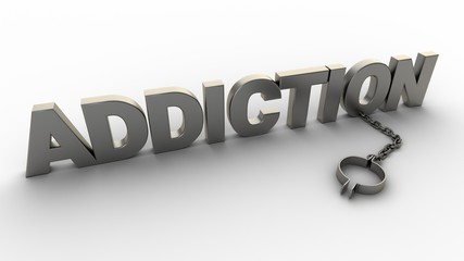 Poster - Addiction text with chain and shackles isolated on a white background. 3D-rendering.