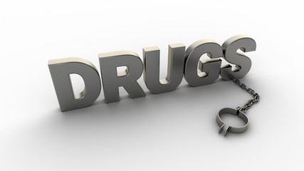 Poster - Drugs text with chain and shackles isolated on a white background. 3D-rendering.