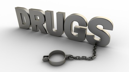 Poster - Drugs text with chain and shackles isolated on a white background. 3D-rendering.
