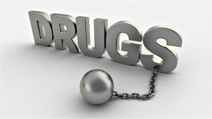 Poster - Drugs text with chain and weight isolated on a white background. 3D-rendering.