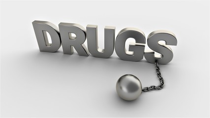 Poster - Drugs text with chain and weight isolated on a white background. 3D-rendering.