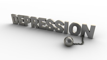 Poster - Depression text with chain and weight isolated on a white background. 3D-rendering.
