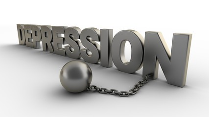 Poster - Depression text with chain and weight isolated on a white background. 3D-rendering.