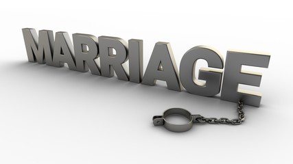 Poster - Marriage text with chain and shackles isolated on a white background. 3D-rendering.