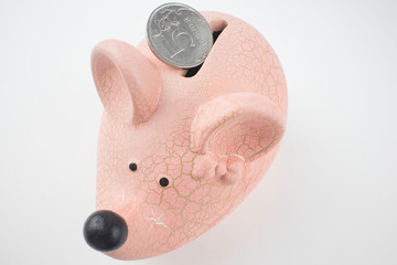 piggy Bank in the form of a light mouse and a coin on a white background, the concept of family Finance and budget