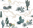 © Toltemara - Desert seamless pattern with mountains, blooming cacti, opuntia, and saguaro. Vector background.