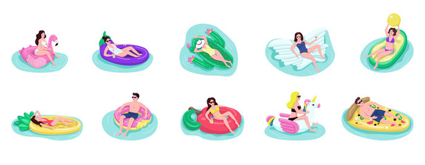 Poster - People float on air mattresses flat color vector faceless characters set. Adult guys and girls drinks cocktail in pool. Tourists sunbathing isolated cartoon illustrations on white background