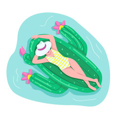 Poster - Woman sleeping on air mattress flat color vector faceless character. Female tourist sunbathing on inflatable toy. Relaxing in pool. Girl in swimsuit lie with hat isolated cartoon illustration