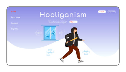 Poster - Hooliganism landing page flat color vector template. Public property destruction. Intentional damage. Homepage layout. One page website interface with cartoon character. Web banner, webpage